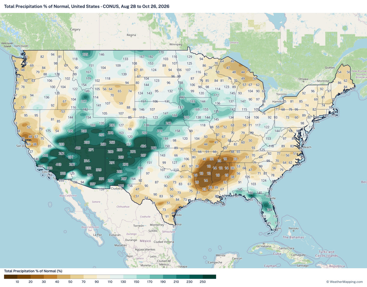 WeatherMapping station map of % Normal Precipitation across the Continuous United States, Aug 28 to Oct 28, 2026, from the ECMWF 00z run