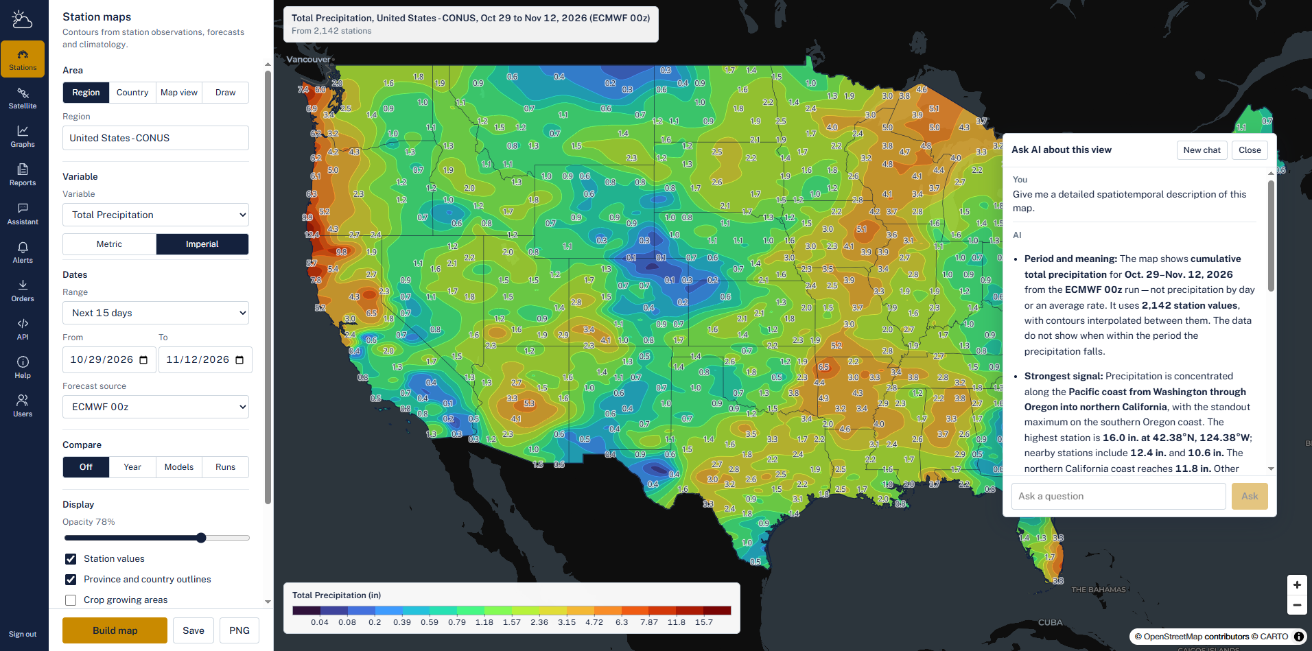 The CLARIFY panel open beside a station map, answering a question about the data